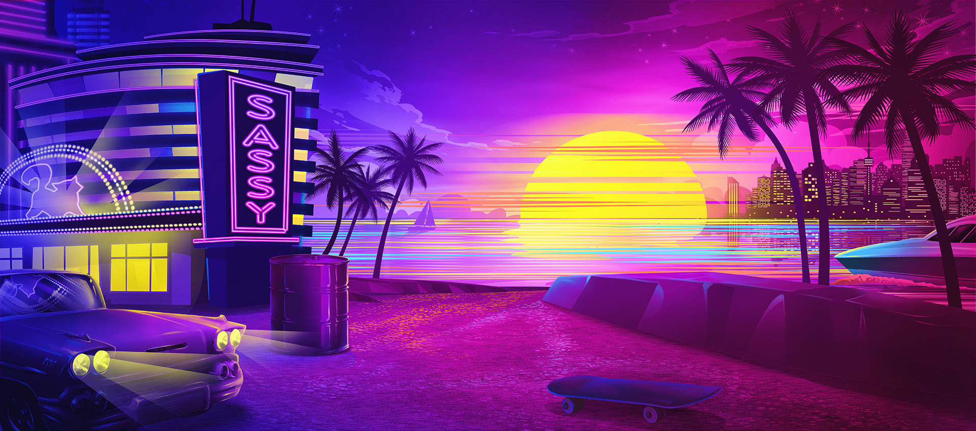 A retro-futuristic cityscape with a neon 'Sassy' sign, a classic car, and a sunset over the water.