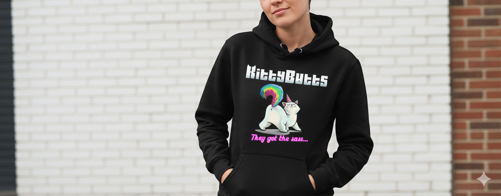 A hoodie with a KittyButt character on it.